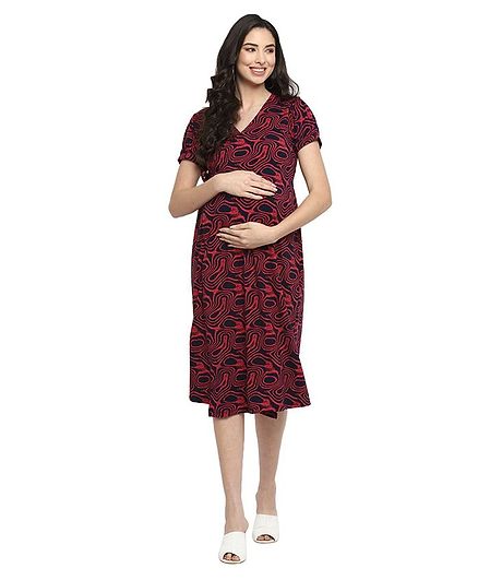Momsoon Abstract Print Half Sleeves Maternity Dress - Red & Black