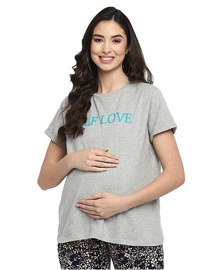 Momsoon Self Love Print Half Sleeves Maternity T-Shirt - Grey & Blue