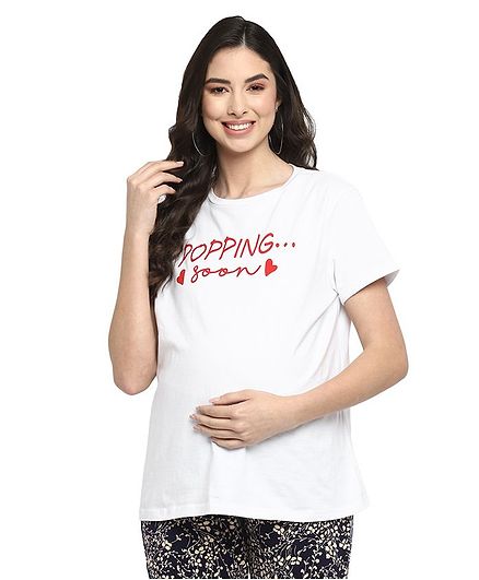 Momsoon Popping Soon Print Half Sleeves Maternity T Shirt - White & Red
