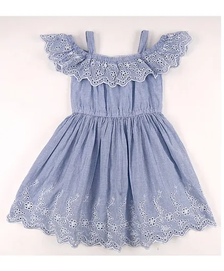 Little Jump Striped Print Cold Shoulder Short Sleeves Dress - Blue