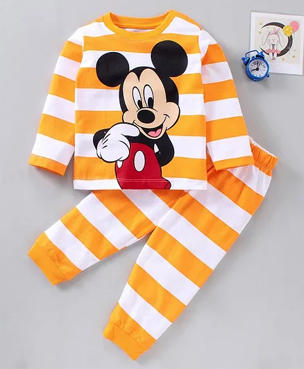 Disney By Babyhug Cotton Full Sleeves Striped Nightsuit - Yellow