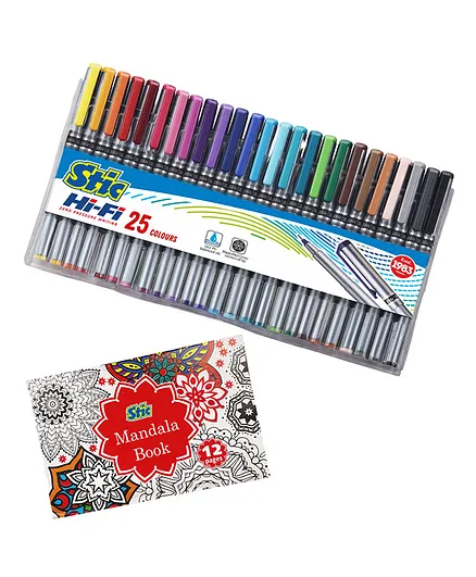 Stic 25 Fineliner Mandala Doodle Colouring Fine Liner Point 0.5 mm Pens Set Assorted Art Markers Sketch Colours Micro tip Sketching Calligraphy Lettering Adults Anime Journal Outline Highlighting Included   Mandala Book