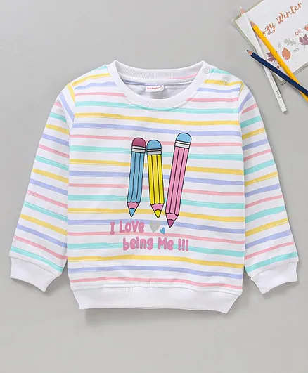 Babyhug Cotton Knit Full Sleeves Striped & Text Printed Sweatshirt - White