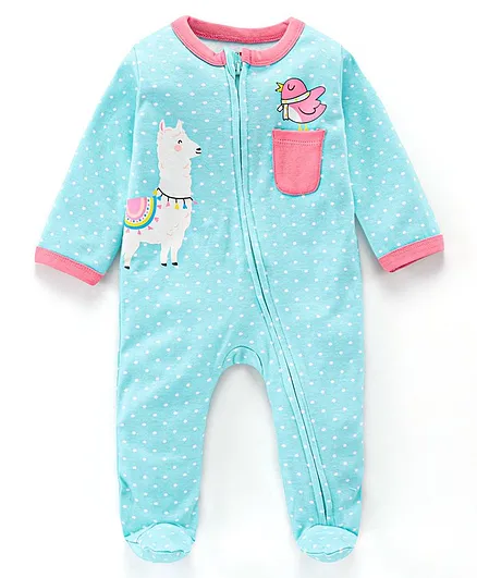 Babyhug Cotton Knit Full Sleeves Bird Printed Sleep Suit - Mint
