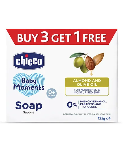Chicco Baby Moments Almonds and Olive Oil Soap - 125 gm Each (Pack of 4)