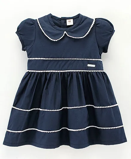 ToffyHouse Short Sleeves Cotton Solid Gathered Frock with Lace Detailing - Blue