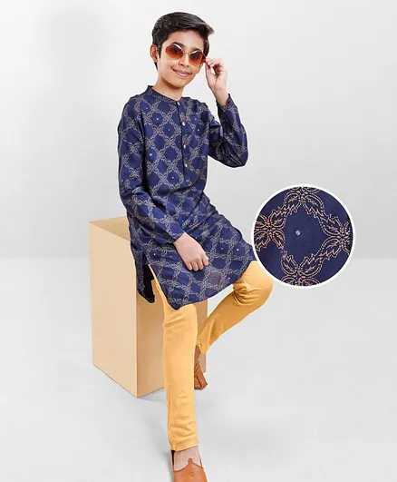 EarthyTouch Full Sleeves Ethnic Printed Kurta Pajama Set - Blue & Golden
