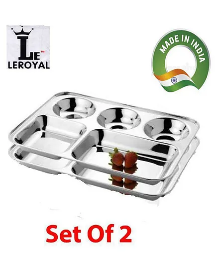 LEROYAL Stainless steel Bhojan Thali/ Partition plates / Compartment Plates Pack of 2