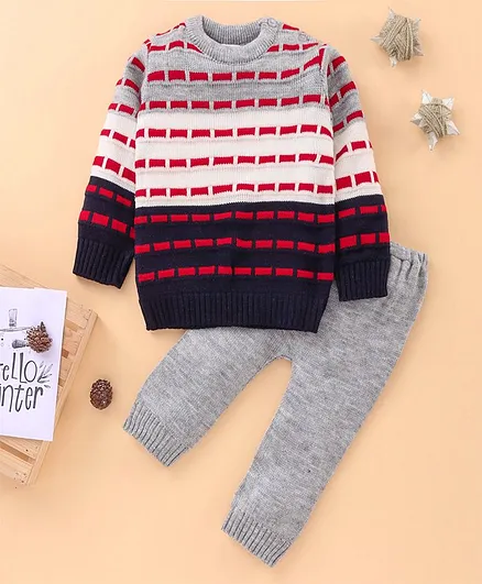 Babyhug Full Sleeves Knit Striped Sweater Set - Multicolor
