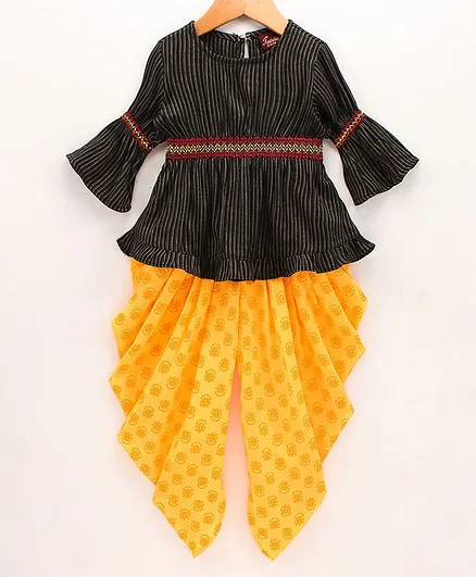 Twisha Three Fourth Sleeves Striped Top & All Over Motif Print Dhoti Pants Set - Black & Yellow