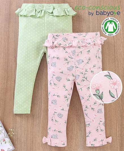 Babyoye Cotton Full Length Leggings Bow Appliques Pack of 2 - Light Green & Pink