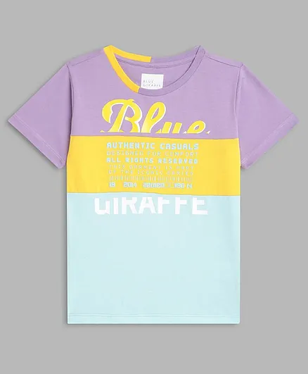 Blue Giraffe Half Sleeves Brand Name Print T Shirt - Purple Yellow Blue