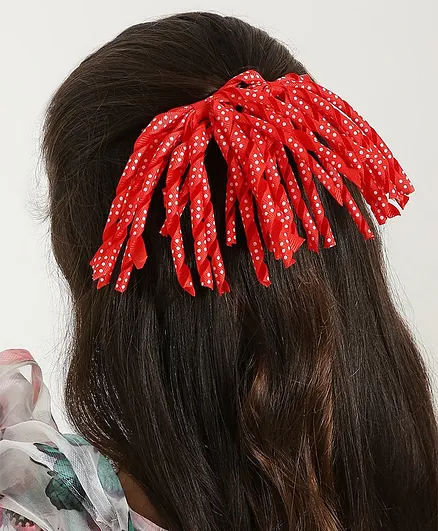 Aye Candy Pack Of 2 Polka Dot Print Twirly Danglers Detail Alligator Hair Clips - Red