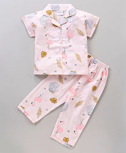 Wonderchild Half Sleeves Flamingo & Elephant Printed Night Suit - Peach