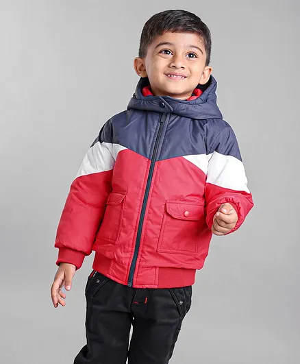 Babyhug Full Sleeves Color Block Detachable Hood Winter Jacket - Red Navy Blue White