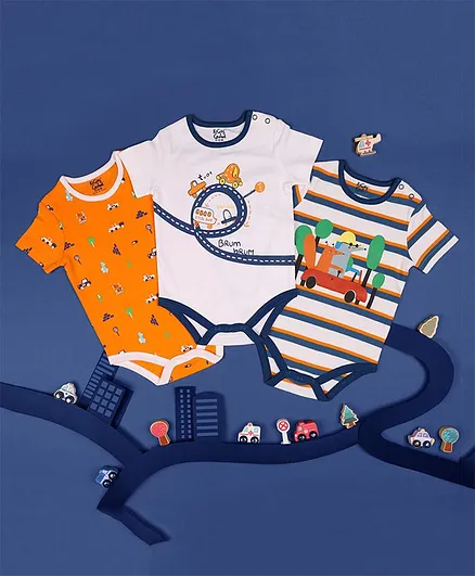 Kicks & Crawl Pack Of 3 Half Sleeves Vroom Vroom Cars & Stripes Printed Onesies - Orange White & Navy Blue