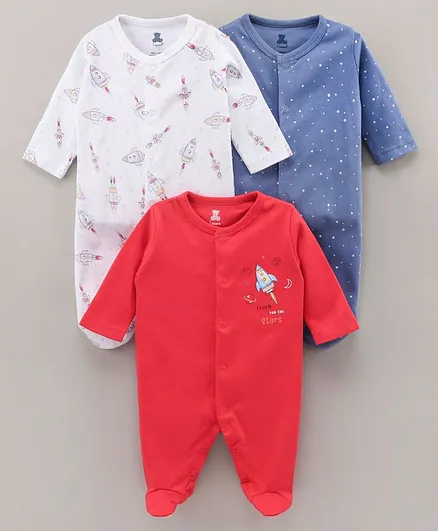 I Bears Cotton Knit Full Sleeves Rompers Rockets & Star Printed Pack of 3 - Red White Blue