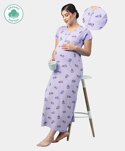 ECOMAMA Organic Cotton & Bamboo Antimicrobial Short Sleeves Maternity Nursing Nighty Floral Print - Light Purple