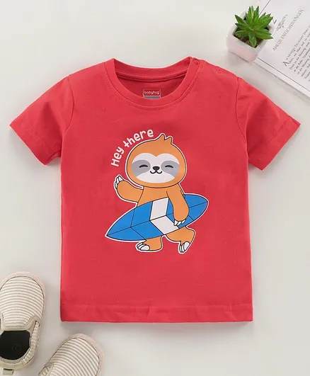 Babyhug Half Sleeves Knit T-Shirt Raccoon Print - Red