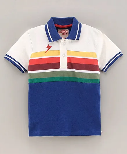 Under Fourteen Only Half Sleeves Striped & Thunderbolt Placement Printed Polo Tee - Navy Blue