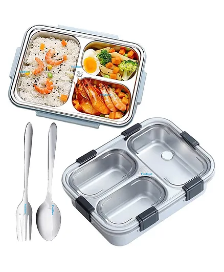 FunBlast Stainless Steel Lunch Box with Spoon and Fork - Grey