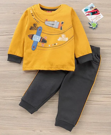 Babyhug Full Sleeves Tshirt & Full Length Joggers Set Airplane Print - Mustard Charcoal