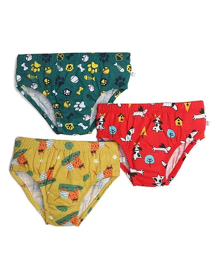 SuperBottoms Pack Of 3 All Over Dog Cats & Treats Print Briefs - Green Red & Yellow