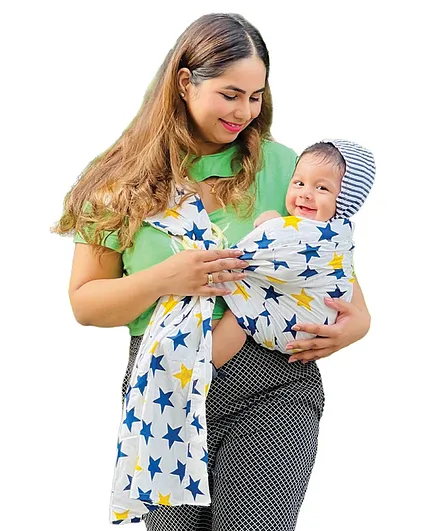 POLKA TOTS Baby Ring Sling Carrier 100% Cotton Lightweight & Breathable Kangaroo Wrap Star Print (White)