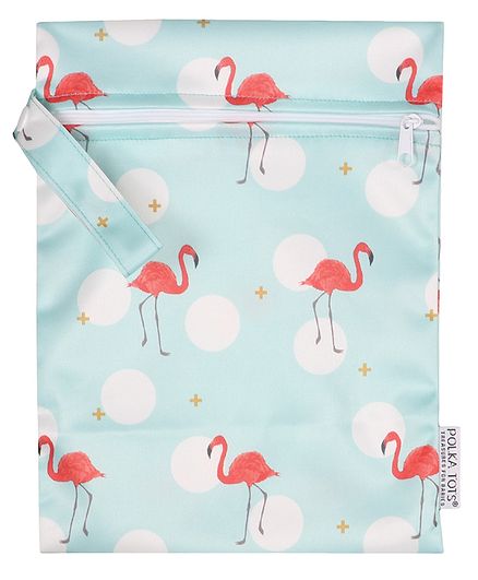 Polka Tots Waterproof Wet Bag Pouch With Zipper Flamingo Print - Blue