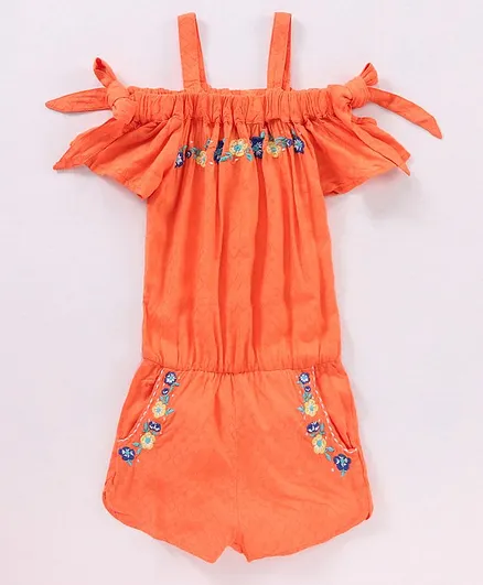 Under Fourteen Only Half Cold Shoulder Sleeves Placement Embroidered Gathered Jumpsuit With Shoulder Tie Up - Orange