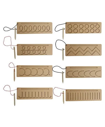 Minmaker Writing Patterns Practice Writing Boards for Kids Wooden Educational Toys Tracing Boards Learning Wooden Toys Pack Of 8 -Brown