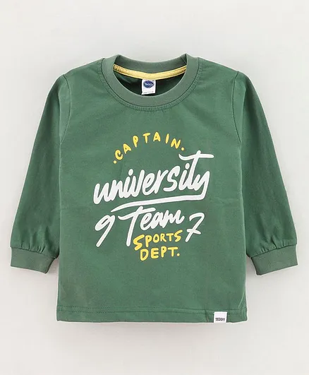 Teddy Full Sleeves Cotton T-shirt Placement Print- Green