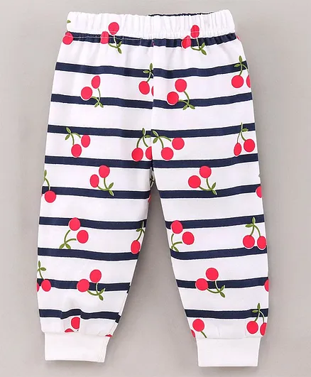 Teddy Full Length Lounge Pants Stripes & Cherry Print- White