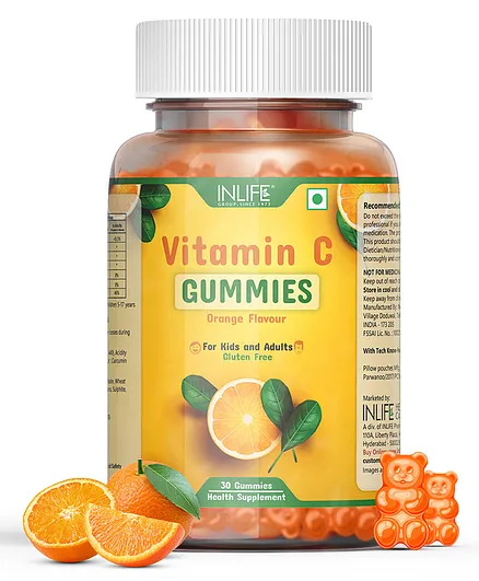 Inlife Vitamin C Gummies For Kids Teens Men & Women Daily Essential Supplements For Immunity Booster Antioxidant Skin & Hair Care Collagen Builder - 30 Orange Flavour Gummies 