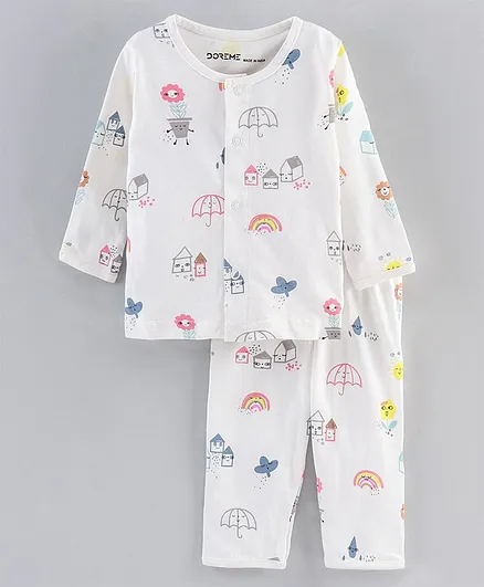 Doreme Full Sleeves T-Shirt & Pyjama Set Multi Print - White