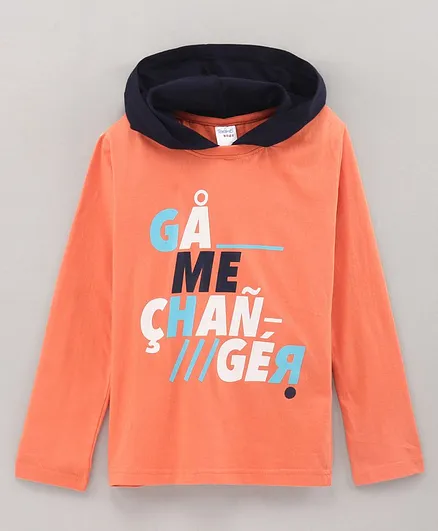 Taeko Full Sleeves Hooded T-shirt Placement Print- Orange