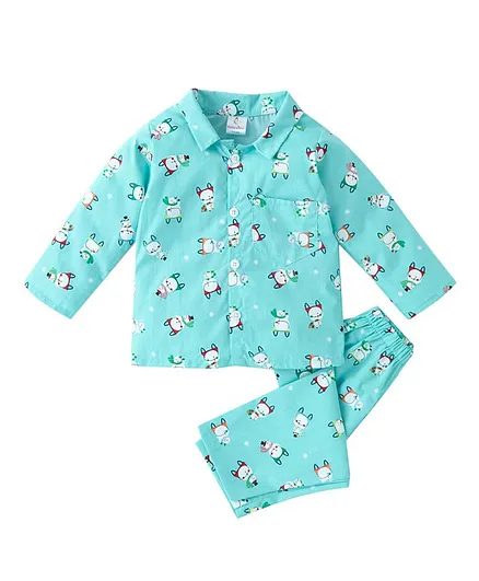 babywish 100% Cotton Full Sleeves Snowman Print Night Suit - Blue