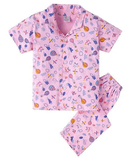 babywish Half Sleeves Hot Air Balloon Aeroplane & Clouds All Over Printed Night Suit - Pink