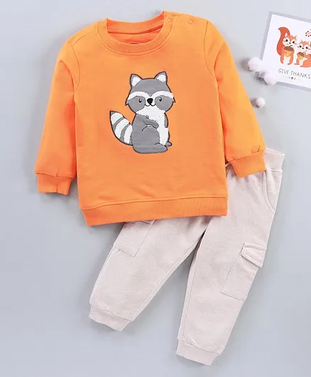 Babyhug Full Sleeves Cotton Tee & Lounge Pants Set Raccoon Applique - Orange Grey