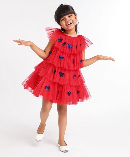 Enfance Short Sleeves Butterfly Applique Layered Party Dress - Red