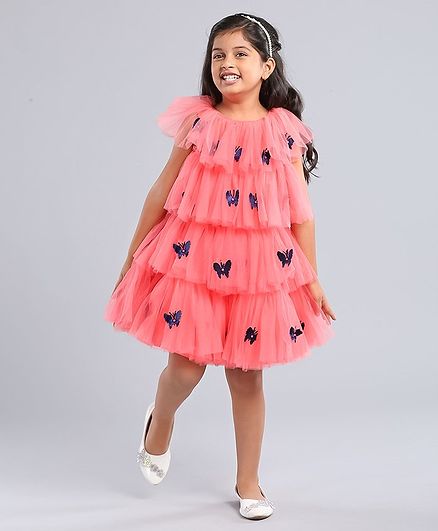 Enfance Short Sleeves Butterfly Applique Layered Dress - Tomato Red