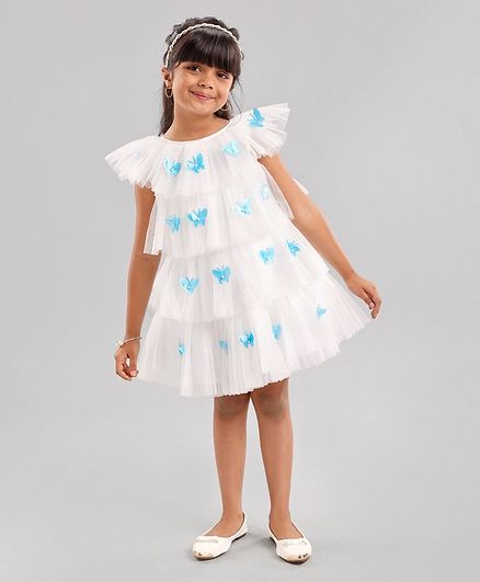 Enfance Short Sleeves Butterfly Applique Layered Dress - White