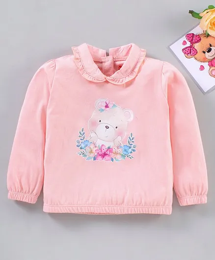 Babyhug Cotton Knit Full Sleeves T-Shirt Bear Printed - Light Pink