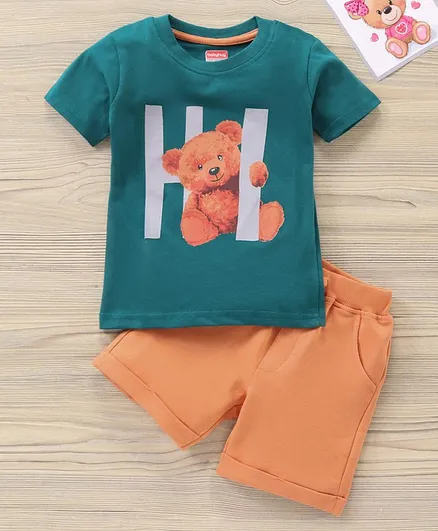 Babyhug Half Sleeves Tee & Shorts Bear Print - Green Light Orange