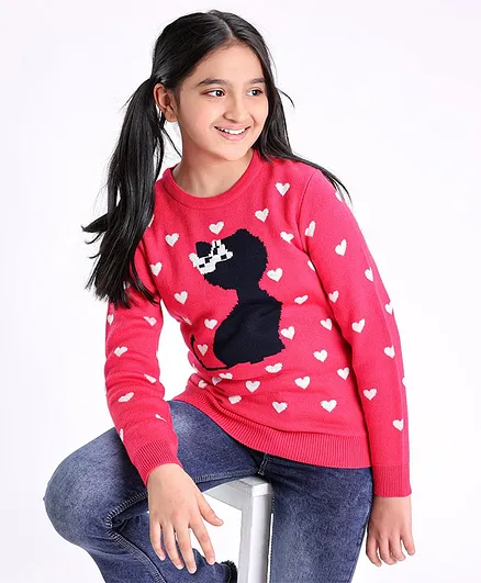 Pine Kids Acrylic Knit Full Sleeves Medium Winter Pullover Sweater Heart Print - Pink