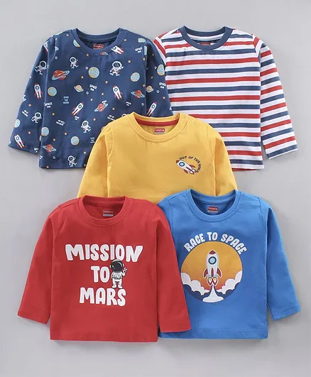 Babyhug Cotton Knit Full Sleeves T-Shirts Multi-Print Pack of 5 - Multicolour