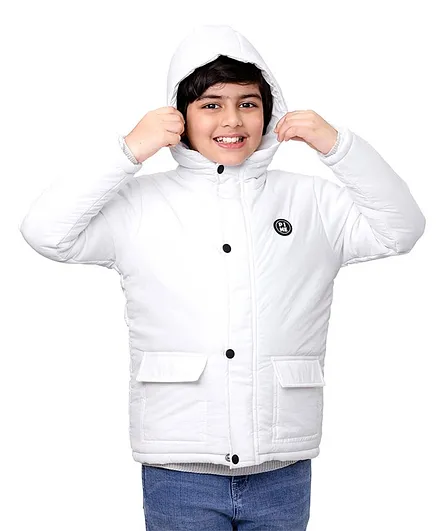 Pine Kids Full Sleeves Moderate Winter Solid Puffed Hooded Jacket - White