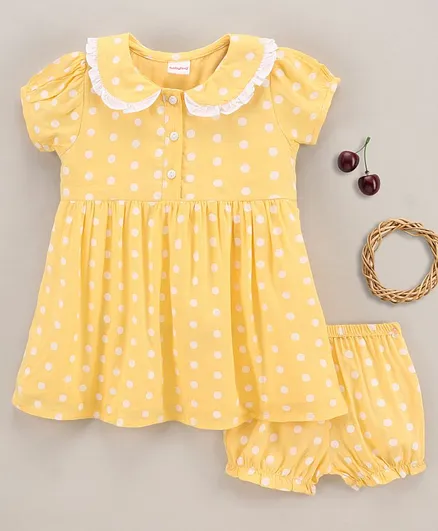 Babyhug 100% Cotton Short Sleeves Dot Printed Frock With Bloomer - Yellow
