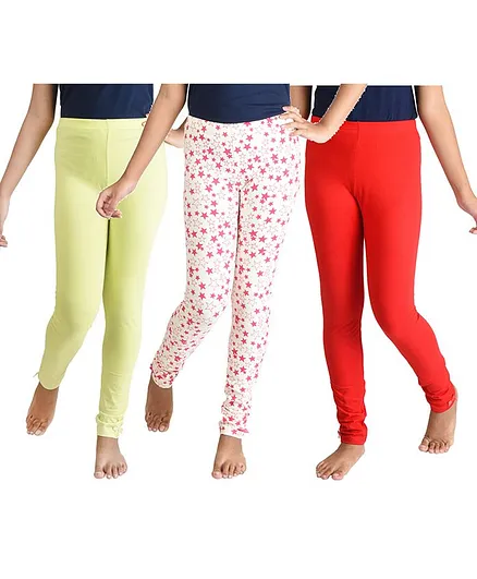 Clothe Funn Pack Of 3 Solid & Stars All Over Print Leggings - Yellow Off White & Red