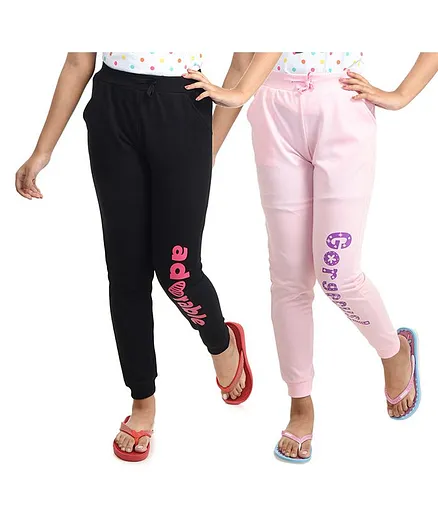 Clothe Funn Pack Of 2 Adorable & Gorgeous Text Placement Print Track Pants - Black & Pink